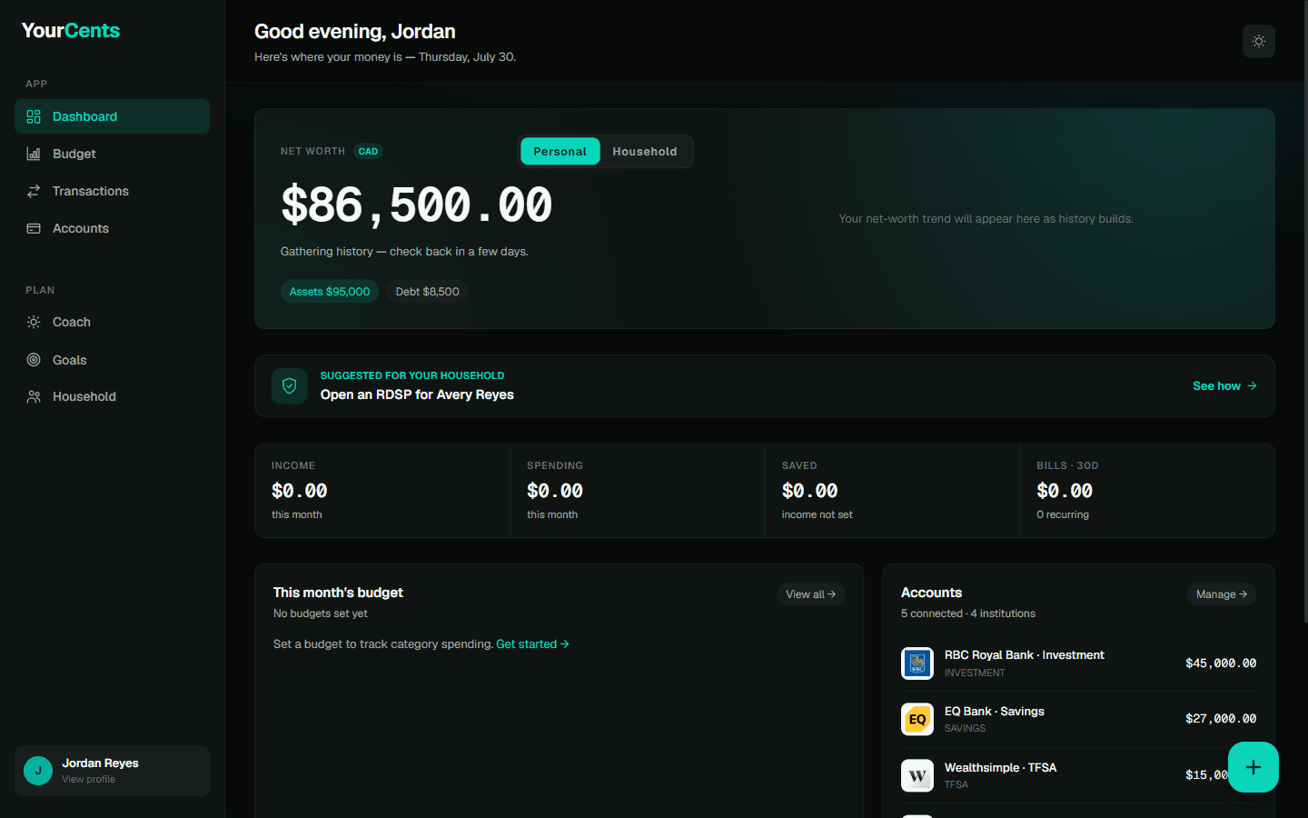 YourCents dashboard with net worth, trend chart, budget, and connected accounts